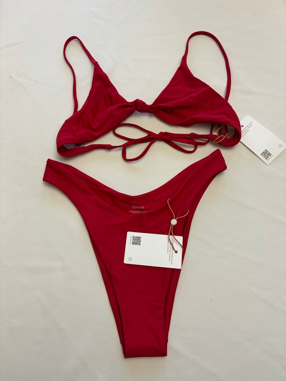 Quince Cherry Red Two Piece Bikini Knot Top & High Leg Bottoms Small NEW